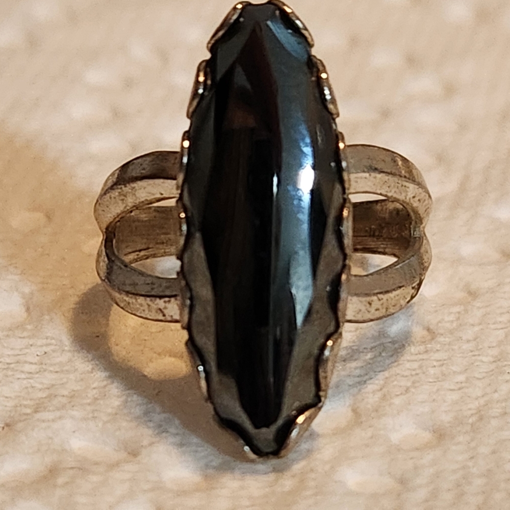 SOLD. 925 Faceted Hematite Ring, size 5.25, stone approx 1" tall.